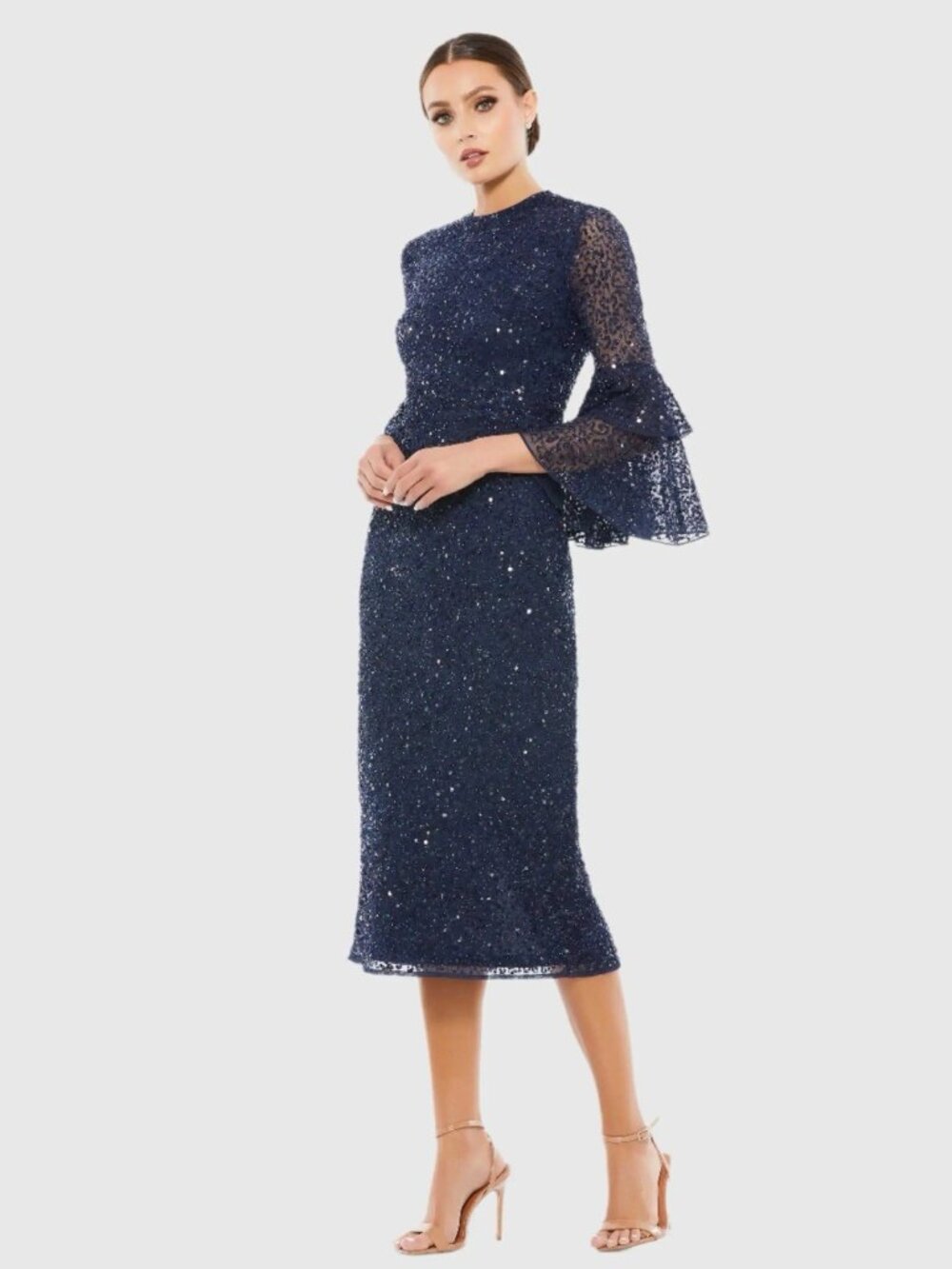 Mac Duggal Navy Sequin Lace Midi Dress